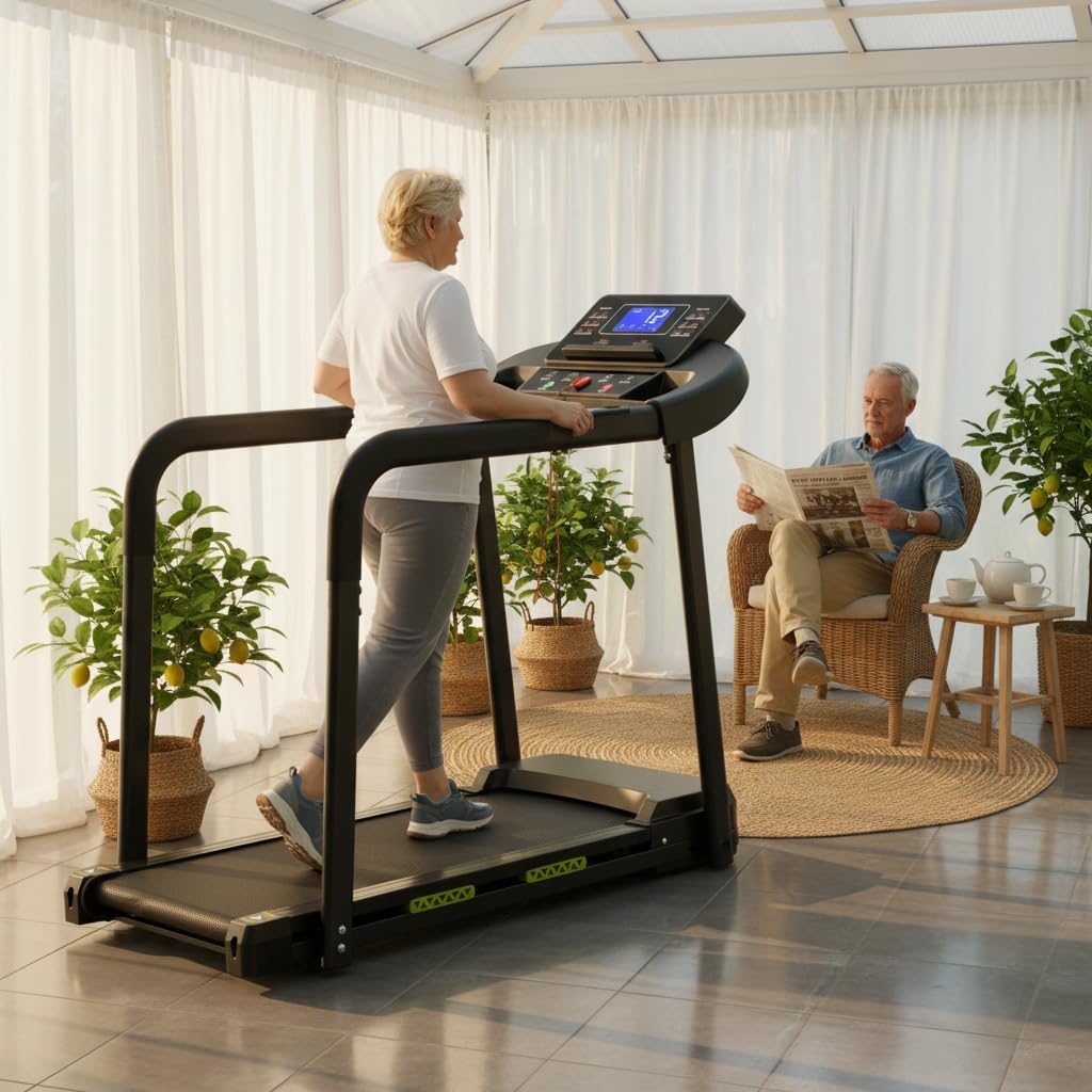 Walking Pad für Senioren, Klappbares Laufband mit Haltegriff &amp; App, Elektrisches Laufband bis 135kg,