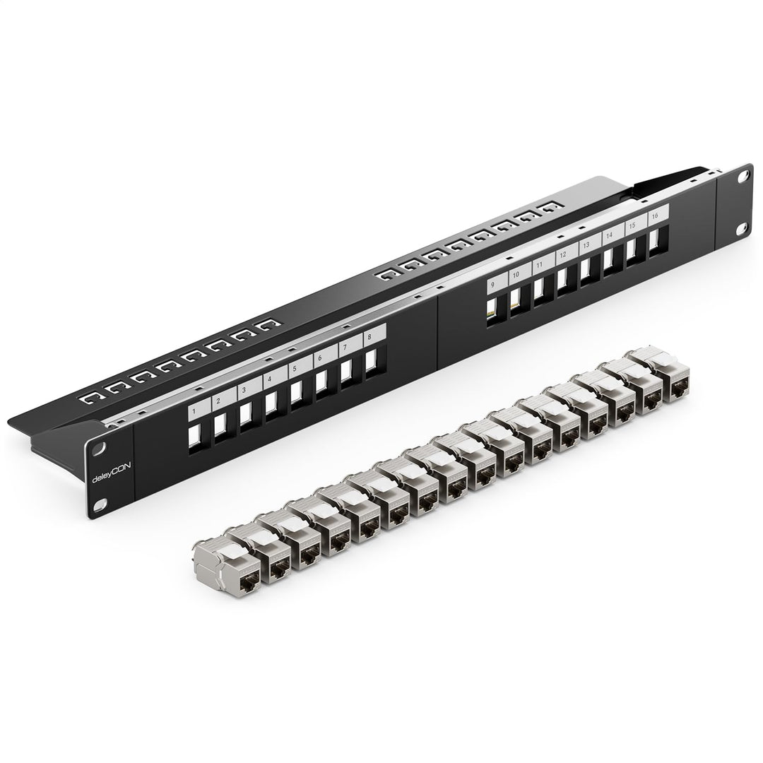 deleyCON 16 Port CAT7 Patchpanel SET Patchfeld Verteilerfeld Modular 1 HE 19" Zoll Rackeinbau + 16x
