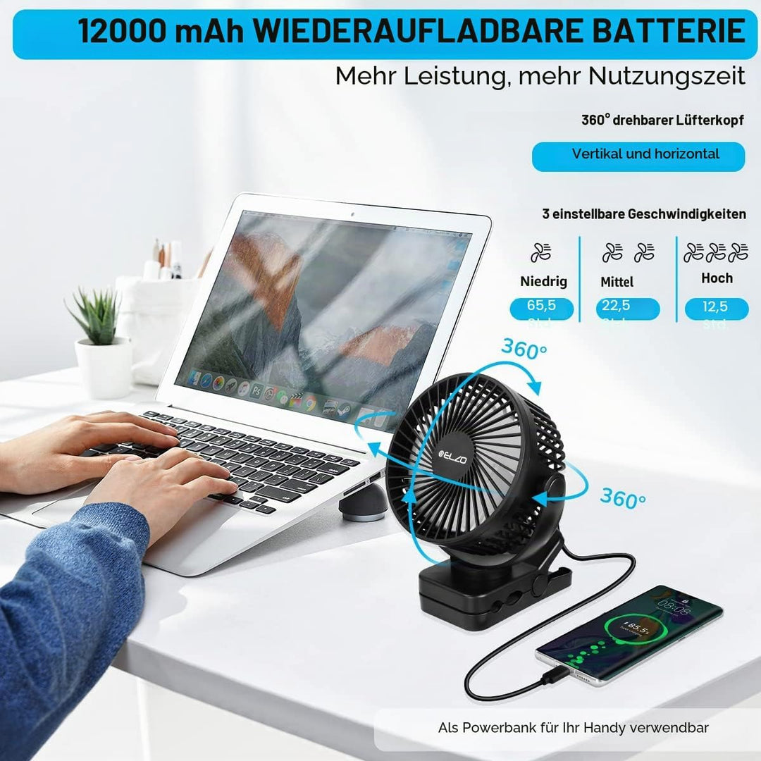 ELZO 12000mAh Camping Ventilator, Wiederaufladbarer Tischventilator USB Mini Ventilator mit LED Lich