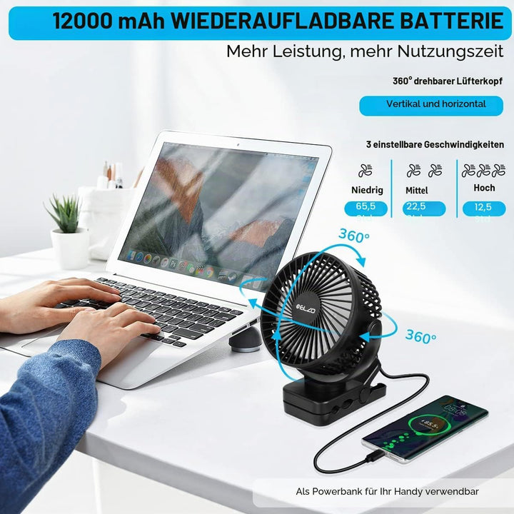 ELZO 12000mAh Camping Ventilator, Wiederaufladbarer Tischventilator USB Mini Ventilator mit LED Lich
