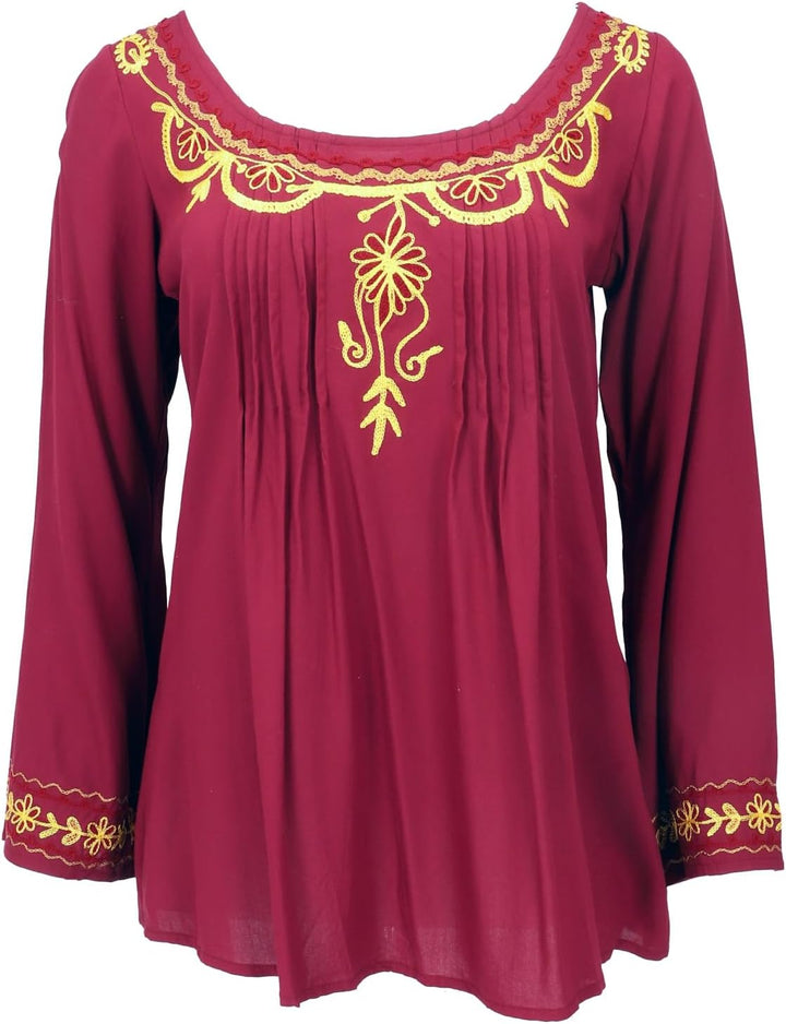 GURU SHOP Bestickte Elfenbluse, Boho Damenbluse 38 Weinrot, 38 Weinrot