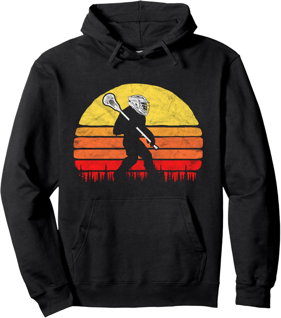 Funny Sasquatch Lax Bigfoot Lacrosse Vintage 80s Sunset Pullover Hoodie