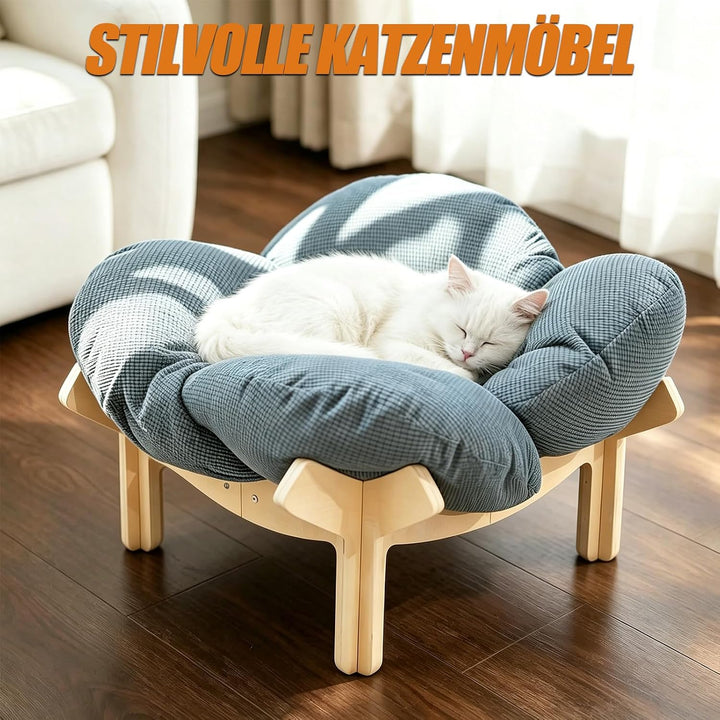 Erhöhtes Katzenbett aus Holz, Flauschiges Katzensofa in Blumenform, Katzenkissen mit waschbarem & Ho