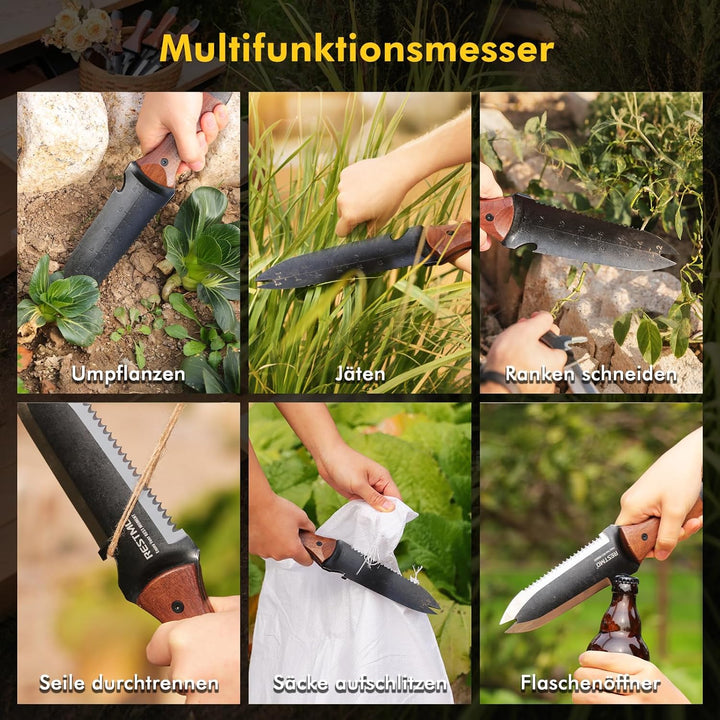 RESTMO Hori Hori Gartenmesser, doppelseitiges Gärtnermesser mit Sägezahnung | Doppelspitzendesign, E