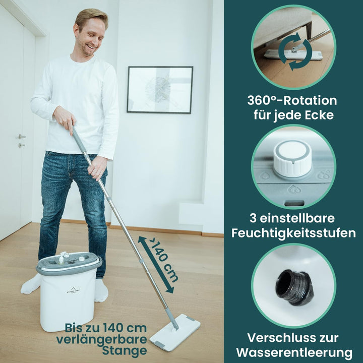 Wischmopp Set mit Eimer – Bodenwischer mit 3-Kammersystem - Wischer mit grossvolumigen Putzeimer - M