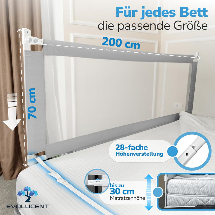 EVOLUCENT Bettgitter 200cm | Stabil ohne Verschrauben | Rausfallschutz für Boxspringbett und Elternb