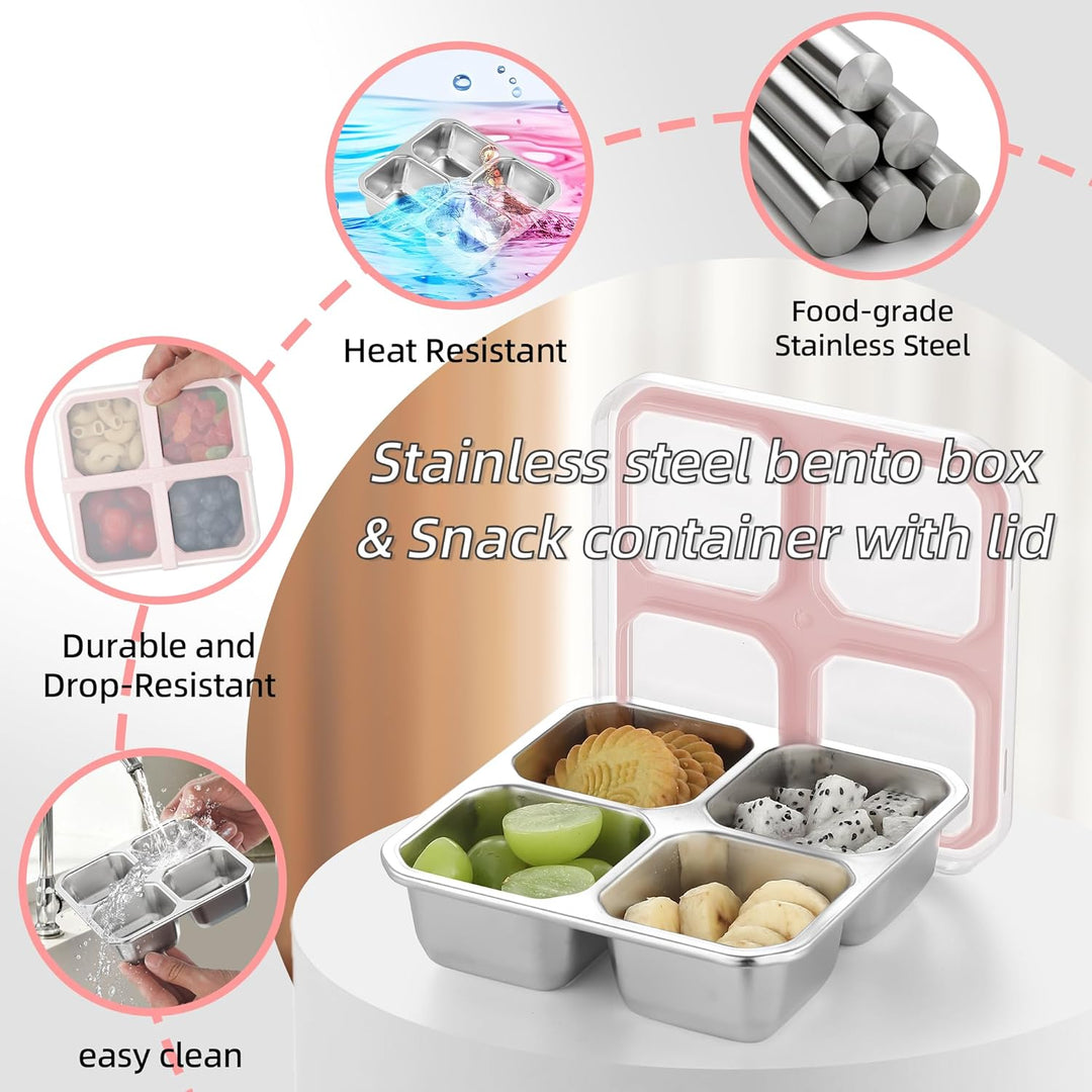 Misichao Edelstahl Snackbox mit 4 Fächern, 400ML Snackdose Kinder, Brotdose Erwachsene, Lunchbox Spü