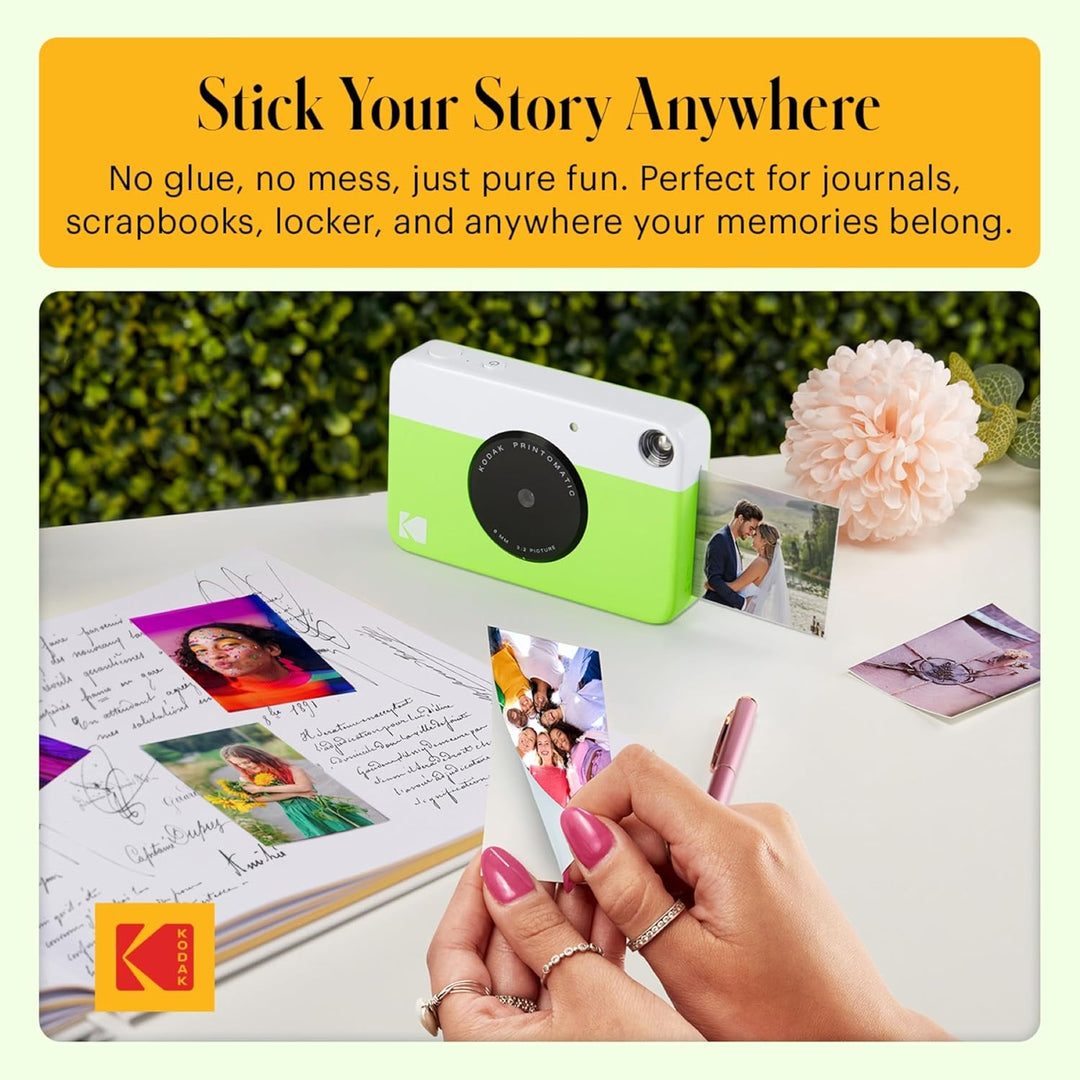 KODAK Printomatic Sofortbildkamera (Grün) Basis-Paket + Zinkpapier (20 Blätter) Etui + Bequemer Hals