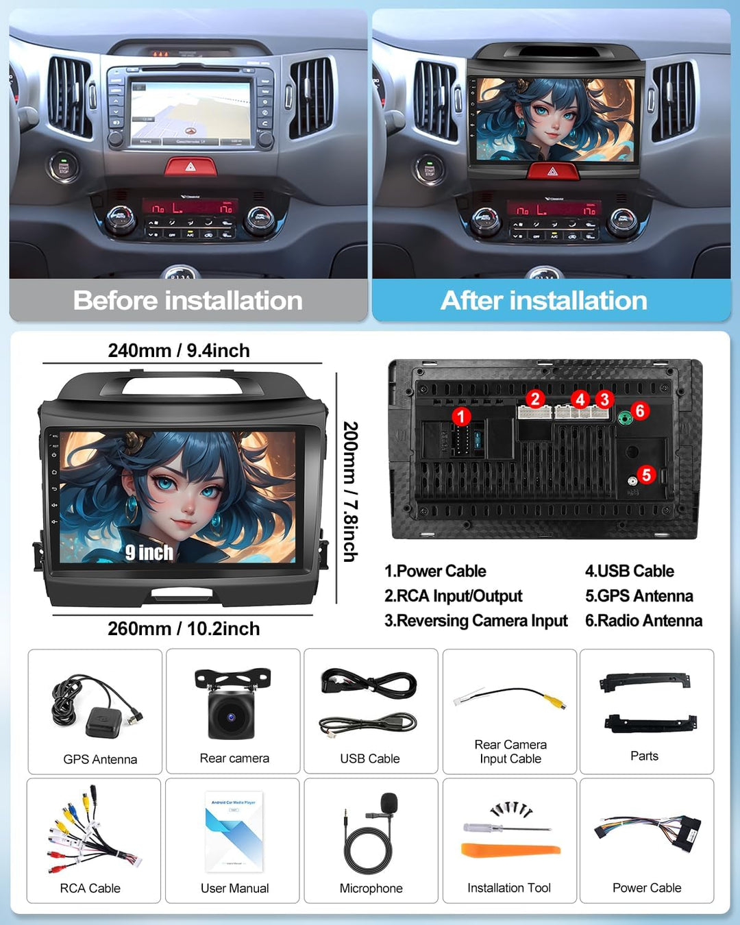 CAMECHO 4G+64G Android 15 Autoradio für Kia Sportage 3 III SL 2010-2016 mit Navi Carplay Android Aut