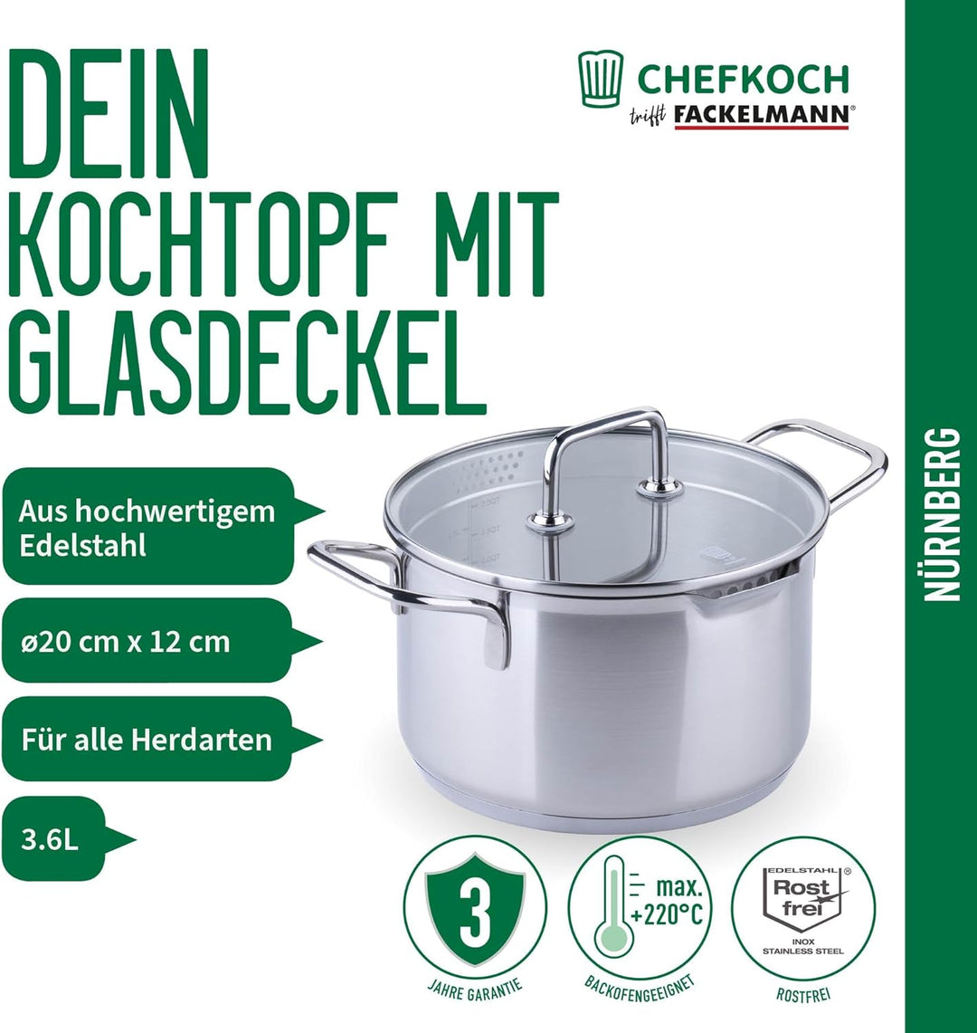 Fackelmann Chefkoch Kochtopf mit Glasdeckel Ø20cm &amp; 3.6L Nürnberg – Aus Premium Edelstahl mit Alumin