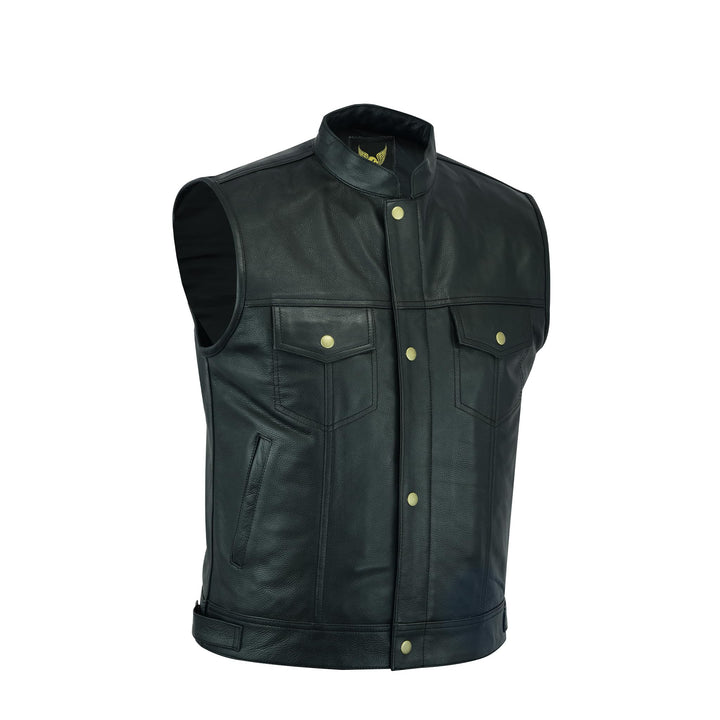 Leatherick Herren Biker Weste aus echtem Leder mit offenen Knöpfen für Reiten und modische Weste (XL