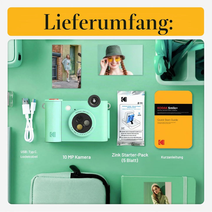 Kodak Smile+ 2-in-1 Digitale Sofortbildkamera & Bluetooth Fotodrucker Starterpaket + Tragetasche + Z