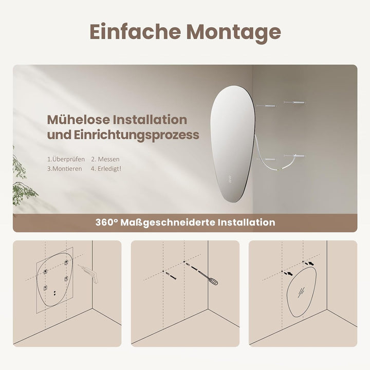 EMKE Asymmetrischer Spiegel LED Badspiegel mit Beleuchtung 70 x 50 cm Touch-Schalter, 3 Lichtfarben