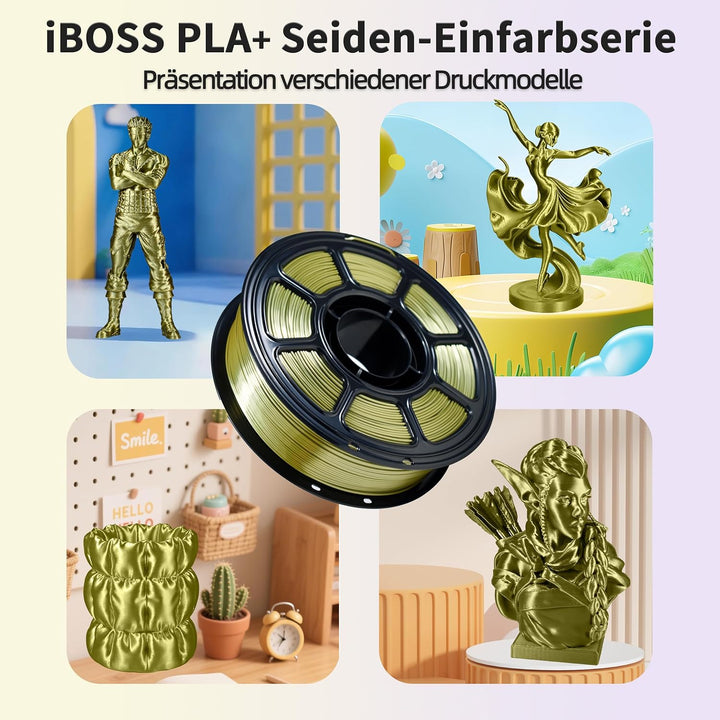 iBOSS PLA 3D-Druckerfilament, PLA+ Filament 1,75 mm, Seide olivgold, Genauigkeit +/-0,02 mm, PLA PLU