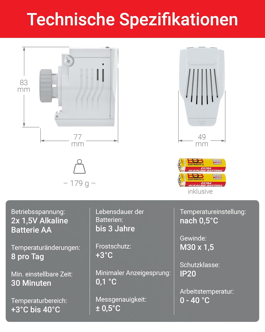 Elektrobock HD13-L Programmierbarer Heizkörperthermostat, 280 W, 230 V, Weiss, Kompakt