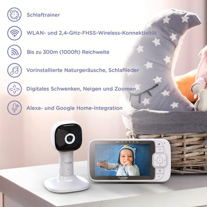 Hubble Connected Nursery Pal SkyView Baby Monitor with Camera, 5 Inch Screen, Cot Mount, 7 Colour Ni