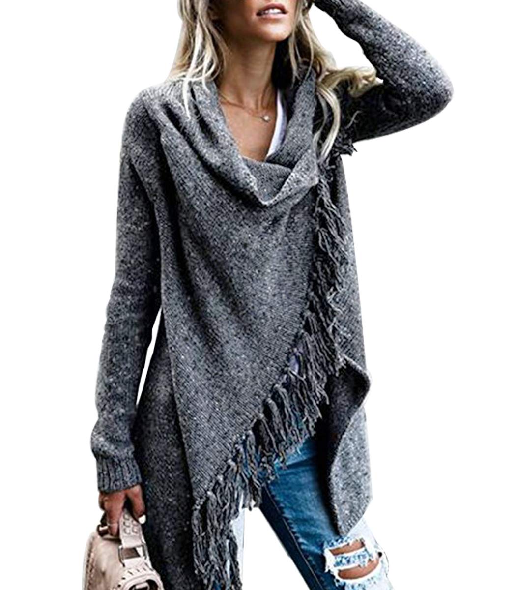 CEASIKERY Damen-Poncho mit Fransen, Pullover, Lange Strickjacke, Strickpullover, Mantel, S Dunkelgra