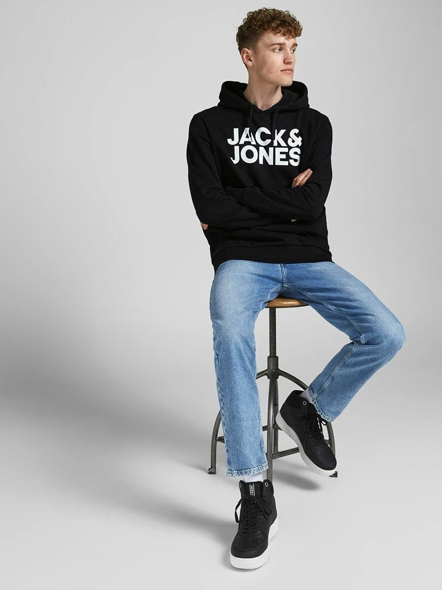 JACK &amp; JONES Hoodie Herren Regular Fit JJEADRIAN Kapuzenpullover Pullover Sweater Print Schwarz Grau
