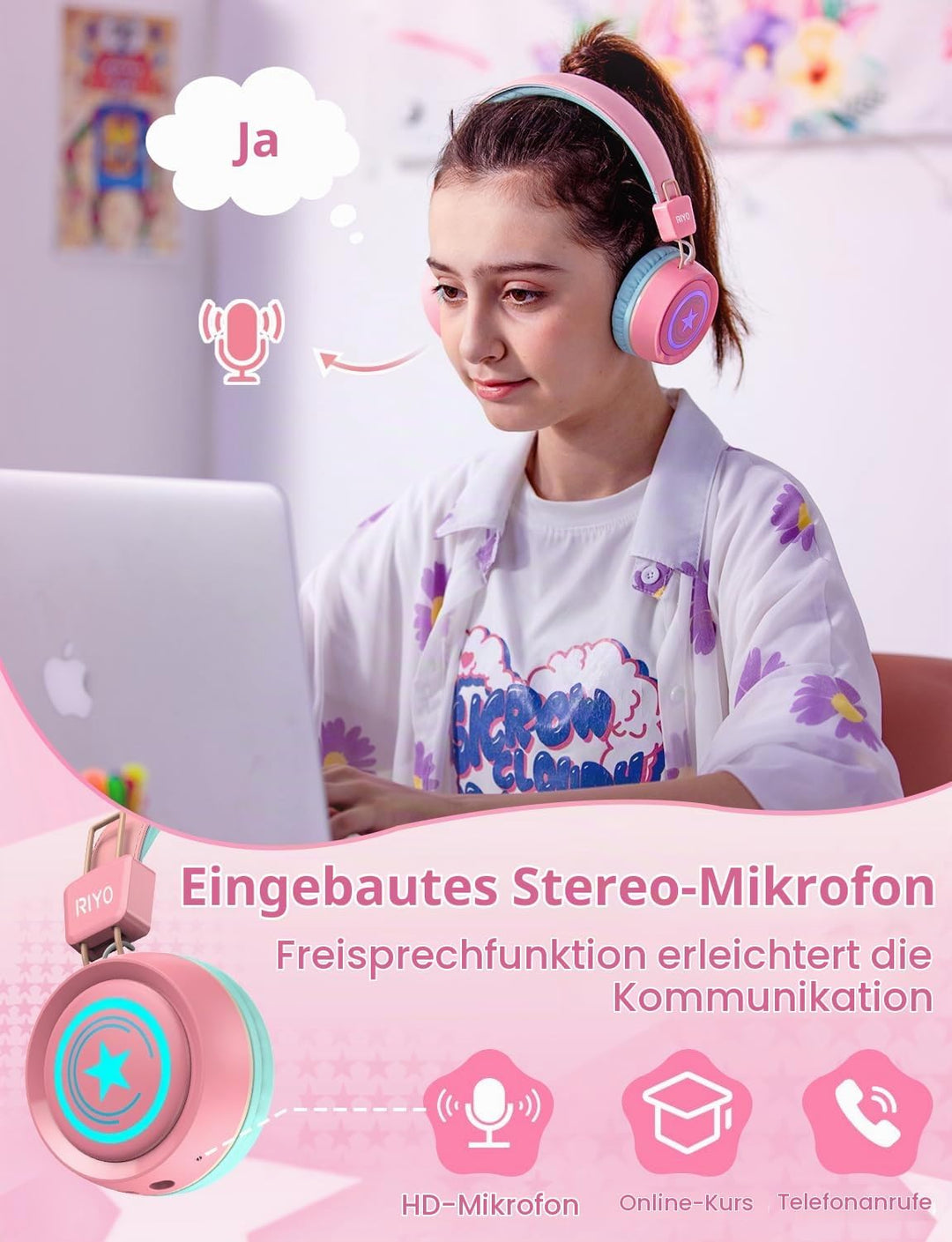 riyo Bluetooth Kopfhörer Kinder, Kinderkopfhörer Kabellos mit LED-Leuchten Bluetooth 5.0 Kinder Kopf