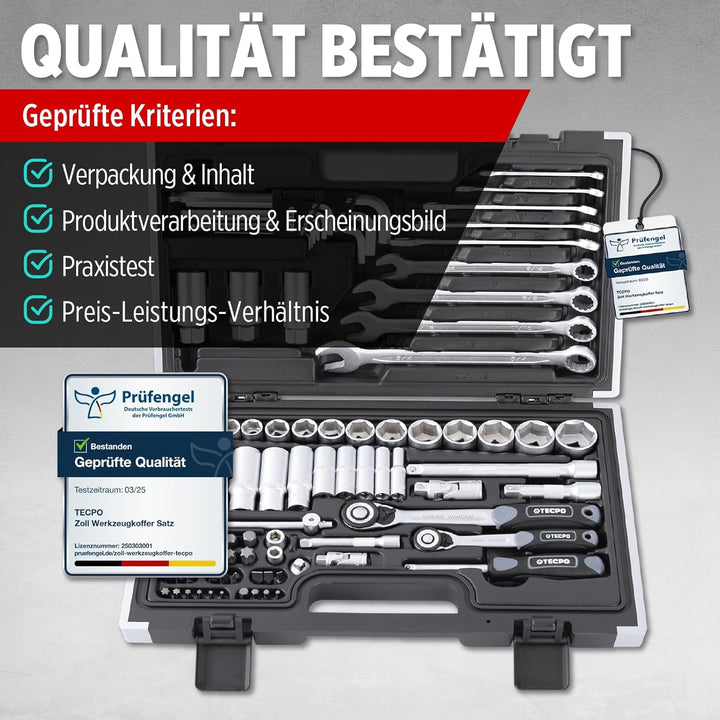 TECPO 300383 Zoll Werkzeug Satz Harley Steckschlüssel Nüsse Grössen Nuss Set Ratschenkasten