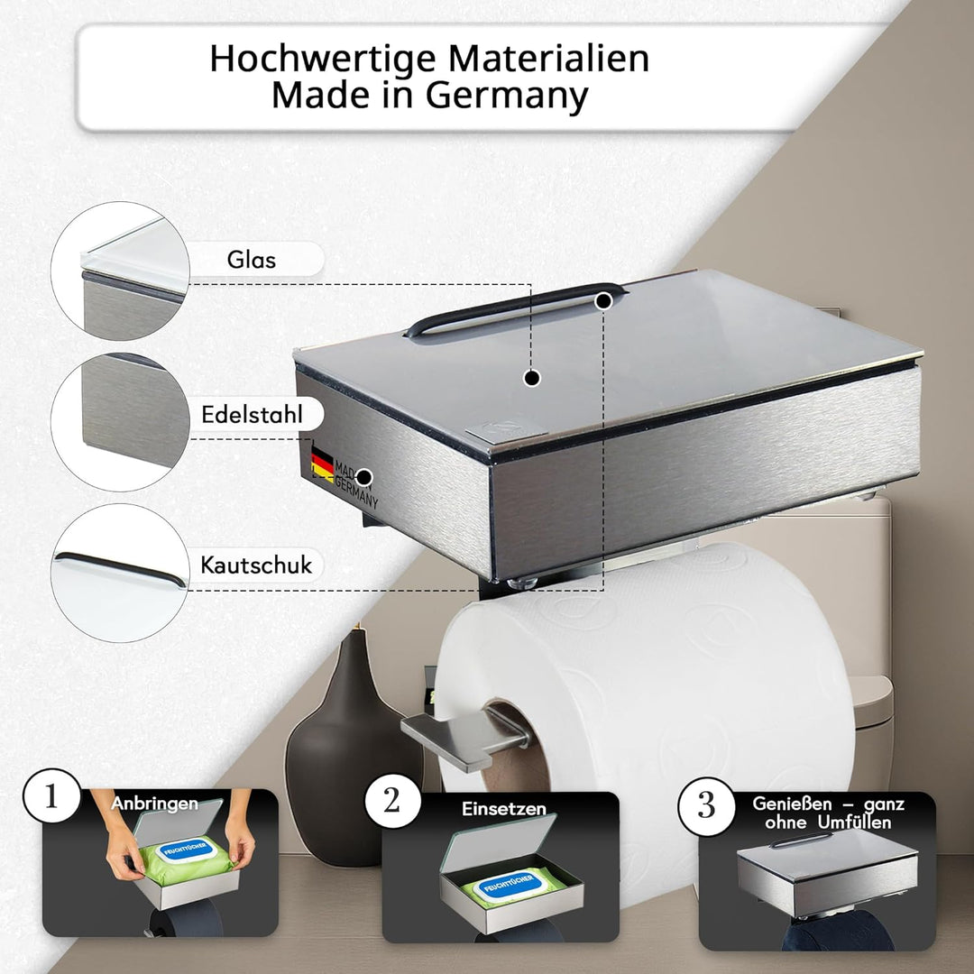Toilettenpapierhalter mit Feuchttücherbox - Gehäuse Matt & Abdeckung Glas Weiss - befüllbar von Link
