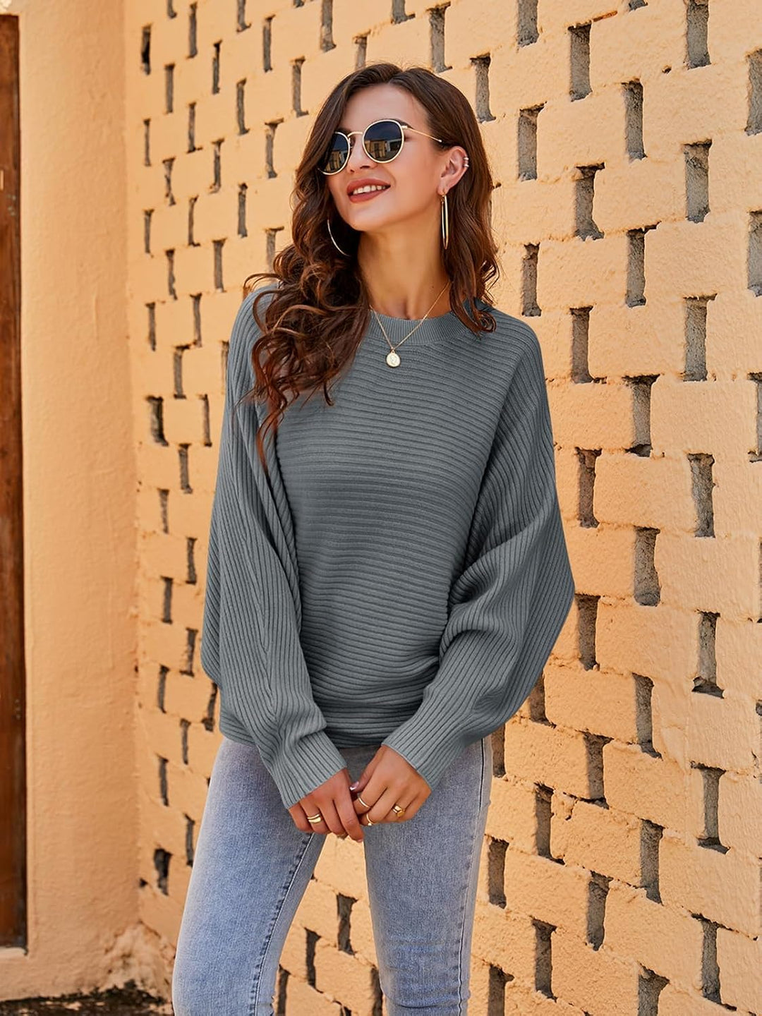 Fessceruna Damen Strickpullover Fledermausärmel Oversized Pullover Rundhalsausschnitt Winter Gerippt