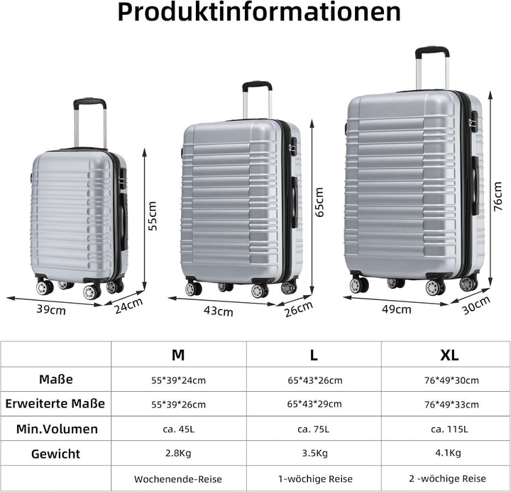 BEIBYE Reisekoffer 2088 Hartschalekoffer Gepäck Koffer Trolley Grösse XL in 14 Farben (Silver) Silve