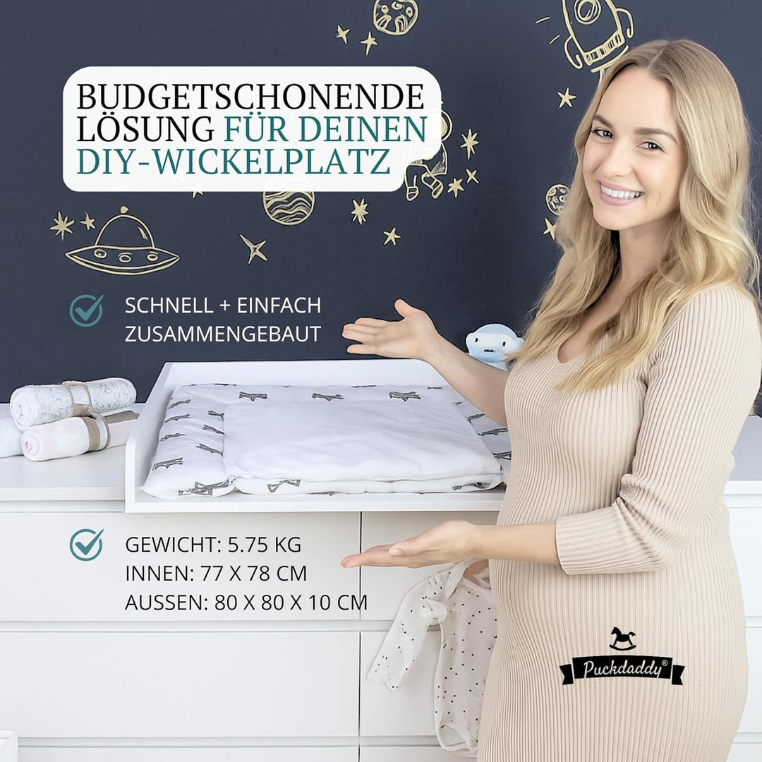 Puckdaddy – Wickelaufsatz Lasse kompatibel mit Hemnes Kommode u.Ä. – 80x80x10 cm aus Holz in Weiss –