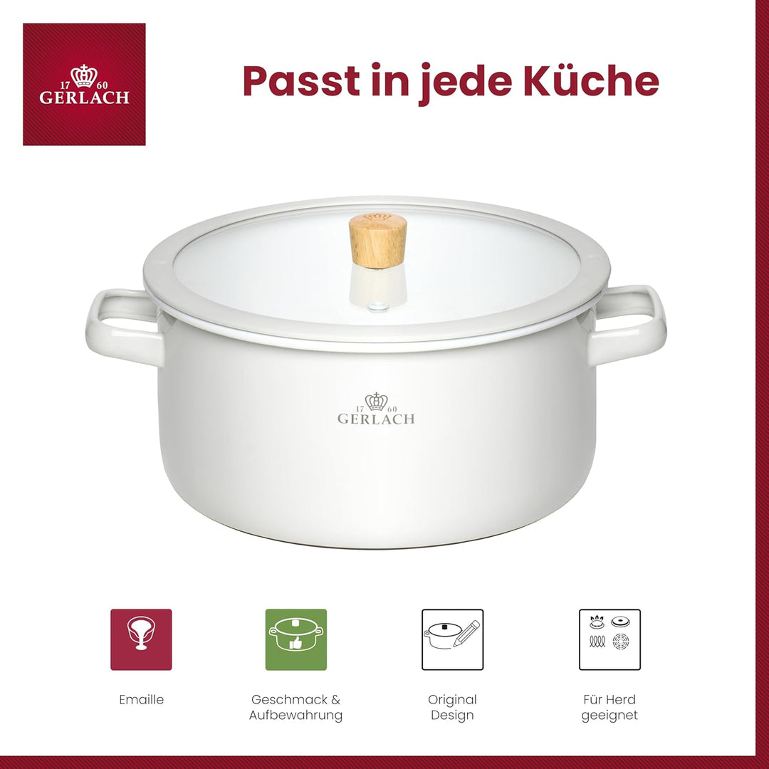 Gerlach 1760 Topf Kochtopf - 24 cm 5 L Emaille - Alle Herdarten - Deckel aus gehärtetem Glas - Weiss