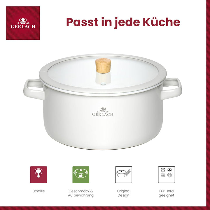 Gerlach 1760 Topf Kochtopf - 24 cm 5 L Emaille - Alle Herdarten - Deckel aus gehärtetem Glas - Weiss