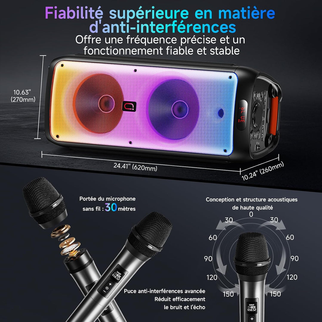 JYX Karaoke Maschine mit 2 Mikrofonen, LED Licht – Bluetooth 5.3, TF/USB/AUX/TWS/LIVE, Karaoke Box &