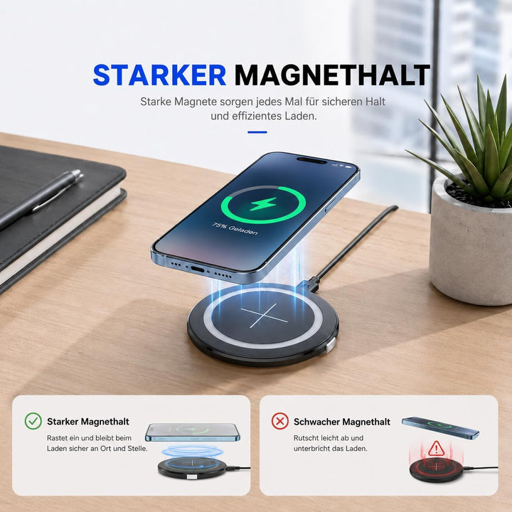 Magnetisches Induktionsladegerät zum Einbau, 15W kabelloses Qi Ladepad für Schreibtisch und Möbel, 6