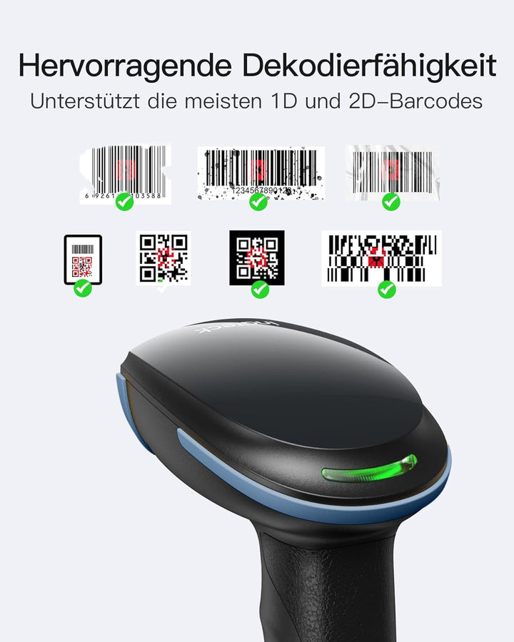 Inateck Barcode Scanner Kabellos, 1D 2D QR Code Scanner, BCST-23 Blau | 3-in-1 mit Bluetooth, 2,4 GH