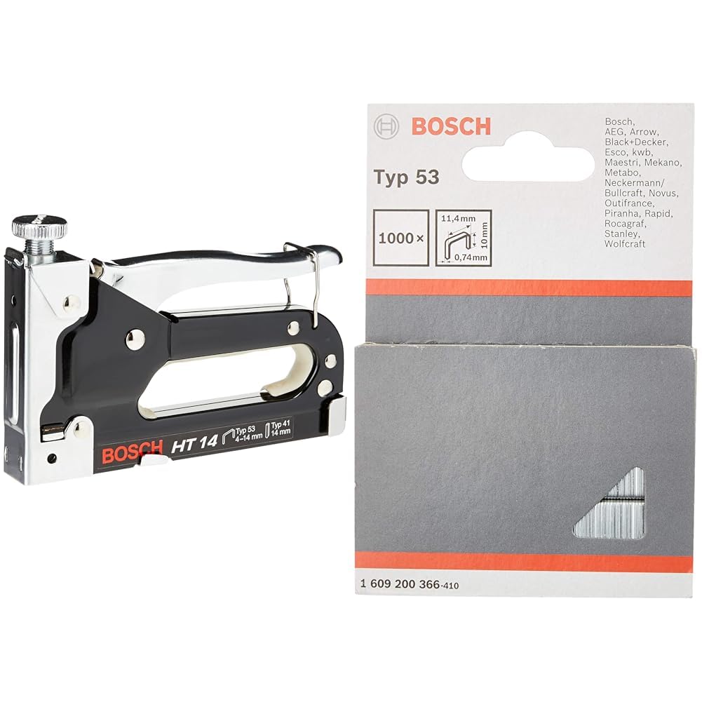 Bosch Professional Handtacker HT 14 (Holz, Klammertyp 53) &amp; Feindrahtklammer Typ 53 (für Textilien,