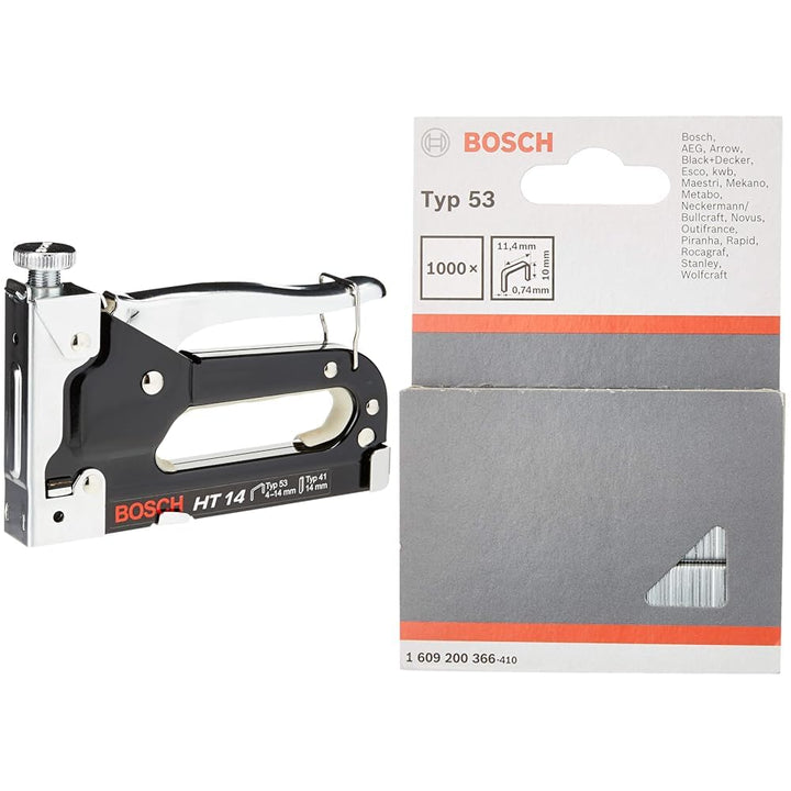Bosch Professional Handtacker HT 14 (Holz, Klammertyp 53) &amp; Feindrahtklammer Typ 53 (für Textilien,