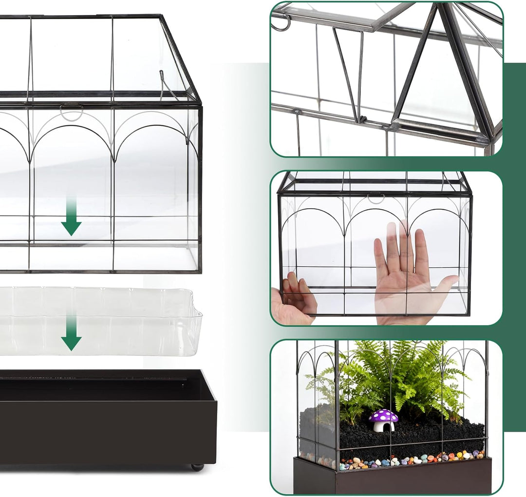 Mini Gewächshaus Fensterbank Glas mit Auffangschale 24,2 x 14,7 x 29 cm Pflanzenterrarium Klein Flas