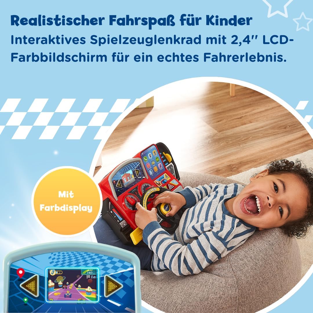 Vtech Abenteuer Lernlenkrad – Interaktives Lenkrad mit LCD-Farbbildschirm, 3 Spielmodi, zahlreichen