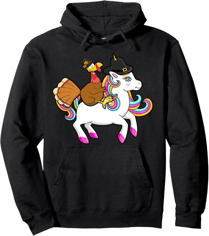 Funny Turkey Riding Unicorn Cute Turkey Thanksgiving Gift Pullover Hoodie