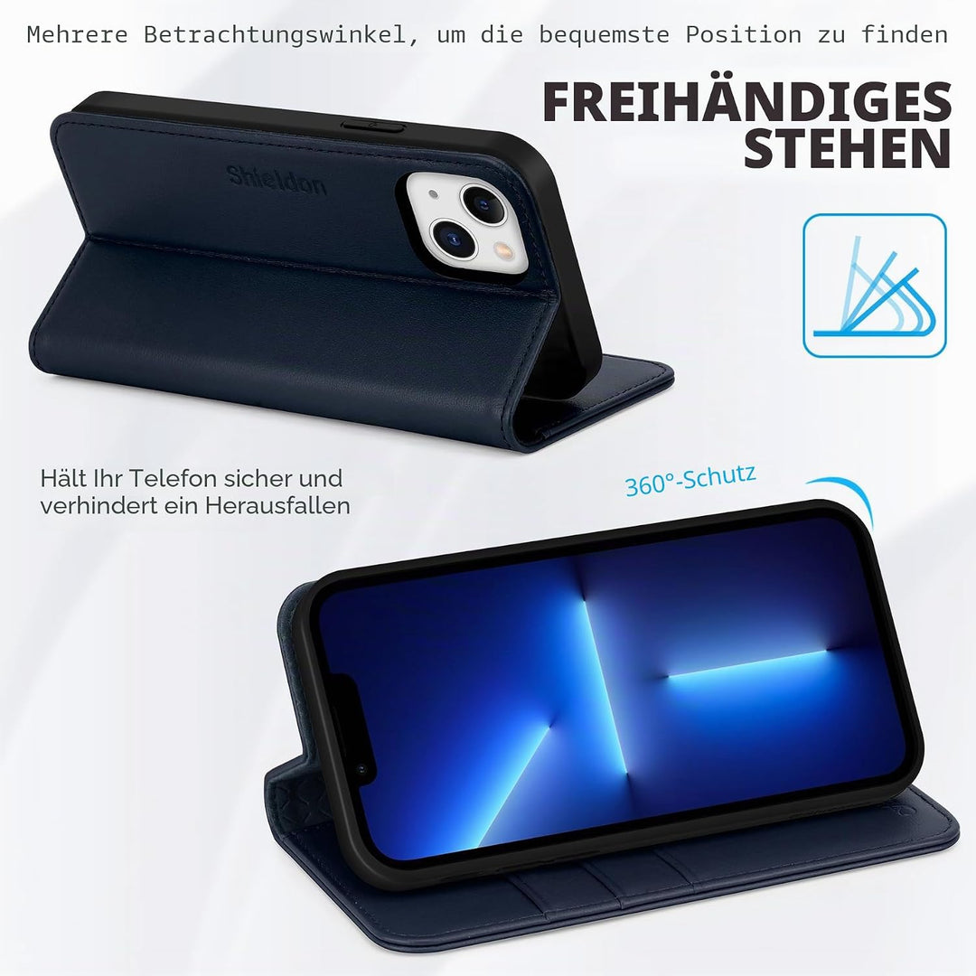 SHIELDON Hülle für iPhone 13, Handyhülle [Rindsleder] [Verdicht TPU] [Kartenfach] [Standfunktion] [M