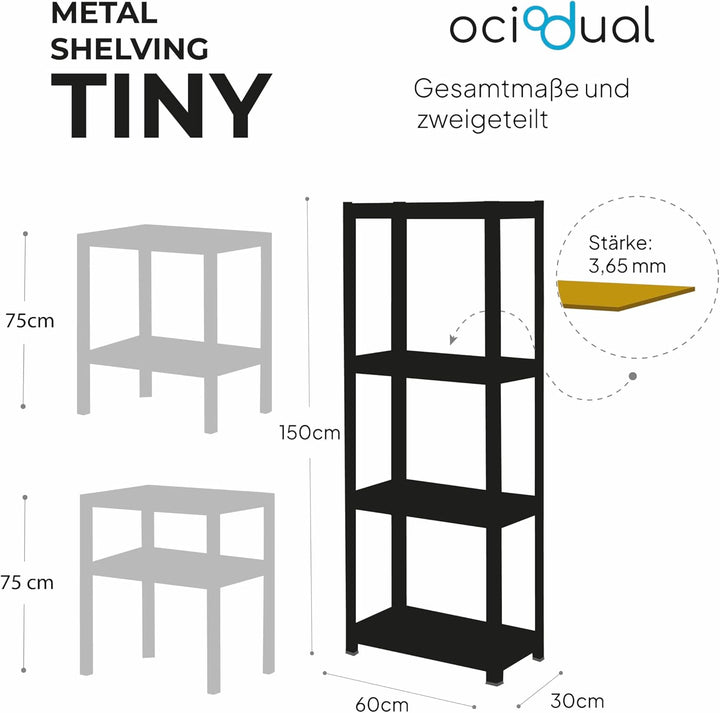 OcioDual Schwerlastregal Weiss Tiny, Haushaltsregal, Kellerregal, Standregal, Metallregal, 150x60x30
