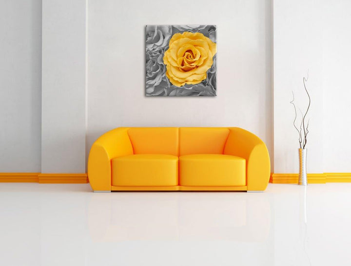 Pixxprint gelbe Rose im Rosenmeer als Leinwandbild/Grösse: 70x70 cm/Wandbild/Kunstdruck/fertig bespa