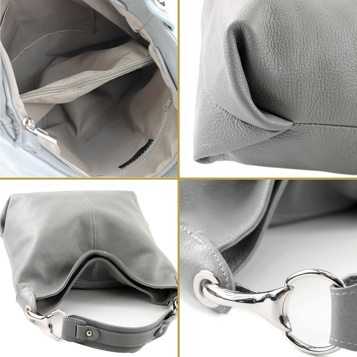 modamoda de - T168 - ital Schultertasche Umhängetasche aus Leder Dunkelgrau, Dunkelgrau