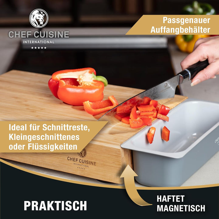 CHEF CUISINE magnetisches Schneidebrett aus Holz mit Auffangschale – Bambus Schneidebrett mit magnet