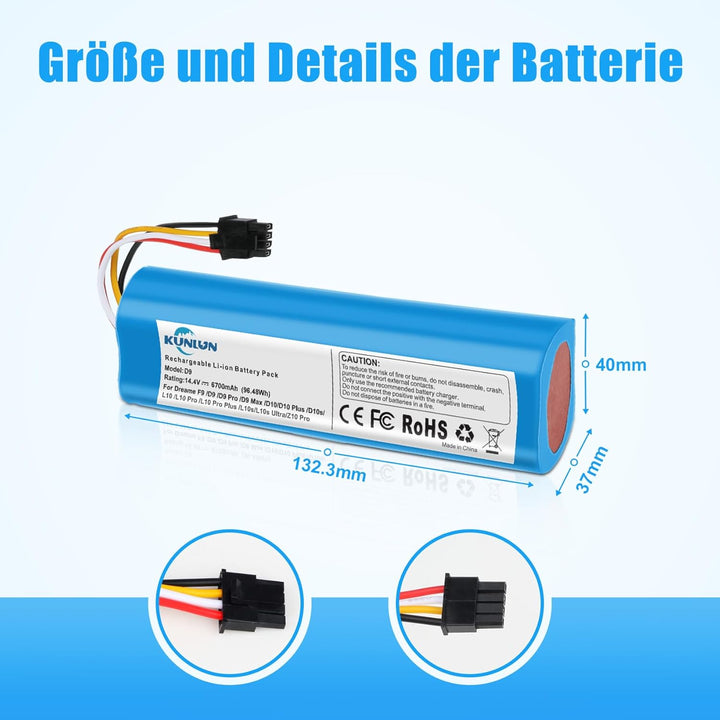 KUNLUN 14,4V 6700mah Ersatzakku für Dreame L10s Ultra D10/D10 Plus/D10s/L10/ L10s/Z10 Pro, für Dream
