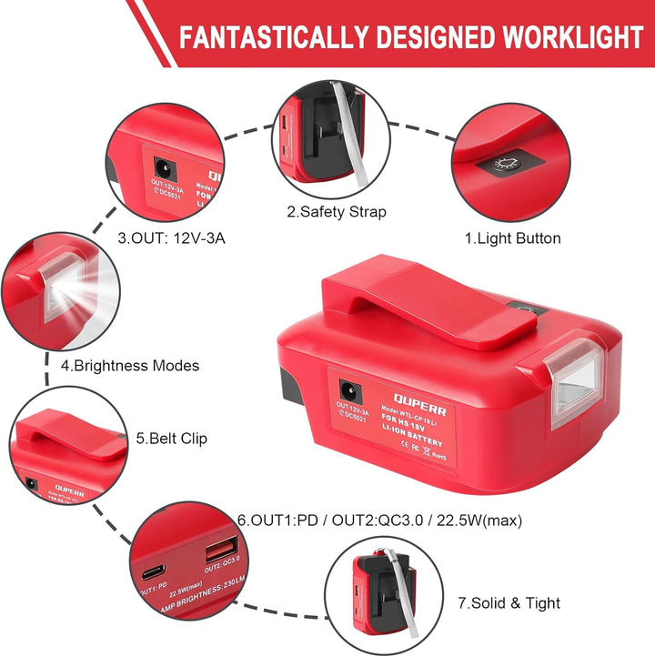 QUPERR USB-Akku-Adapter für Einhel_l_Power Change 18V Akku-System mit DC 12V Anschluss & Zwei USB-An