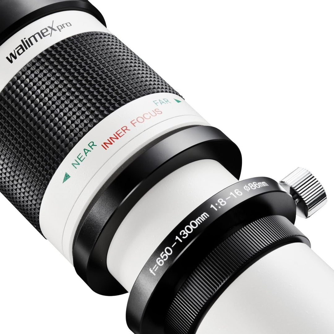 Walimex Pro 650-1300mm 1:8-16 DSLR-Teleobjektiv für T2 Objektivbajonett weiss (manueller Fokus, für