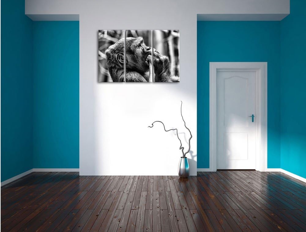 Pixxprint Gorilla isst als Leinwandbild/Grösse: 3 Teilig (120x80) cm/Wandbild/Kunstdruck/fertig besp