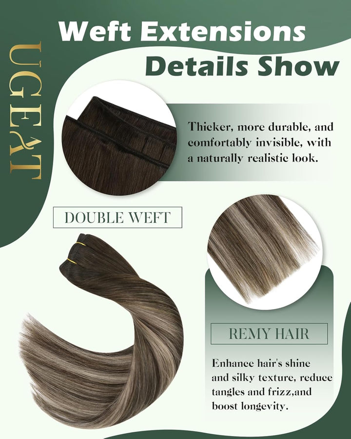 Ugeat Weft Extensions Echthaar Aschblond Balayage Tressen Extensions Echthaar Ombre Bunkelbraun Echt