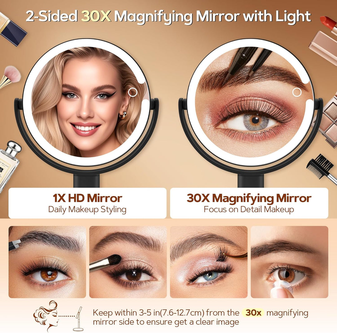 B Beauty Planet Beleuchteter Makeup Spiegel 30X Vergrösserungsspiegel mit 3 Farblicht, dimmbare LED