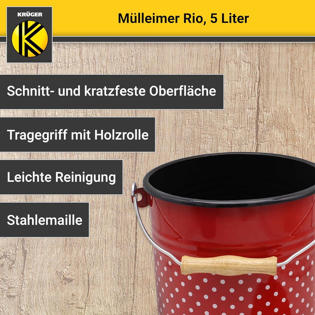 KRÜGER Mülleimer mit Deckel - Stahl Abfalleimer mit Emaille-Beschichtung und Holzgriff - schnitt- un